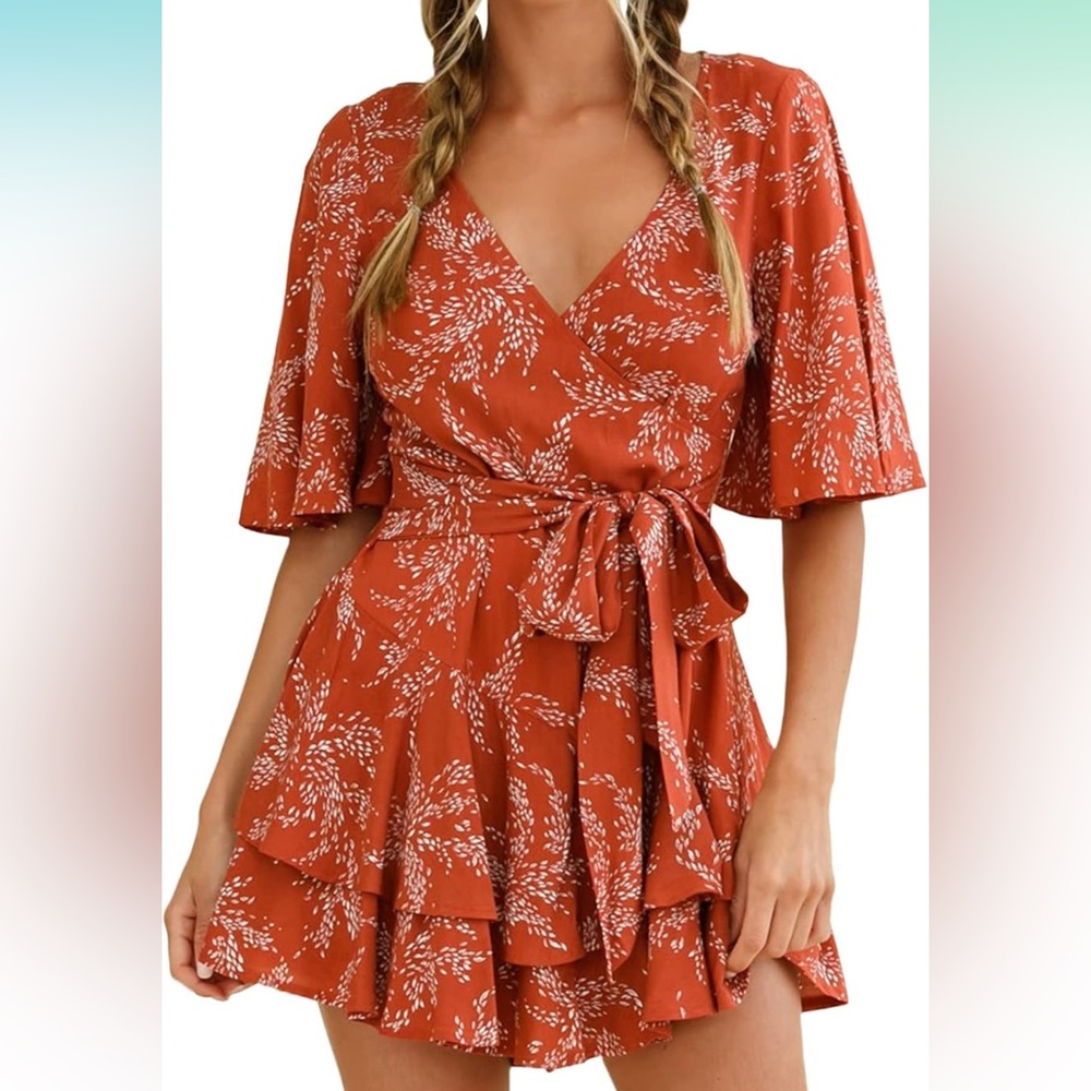 Red Flowy Short Wrap Waist Romper
